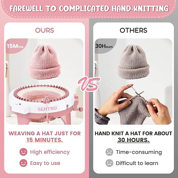 SENTRO 48 Needles Knitting Machine with Row Counter and Plain/Tube Weave Conversion Key, Efficiently DIY Scarf Hat Sock (48 Pink)