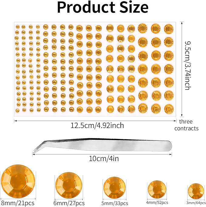 Self Adhesive Face Gems and Pearls for Makeup, Festival Jewels, Hair Gems Pearls, 3/4/5/6/8 mm Round Rhinestone Stickers for Face, Eye, Makeup, Body, Crafts 591Pcs (12_Gold)