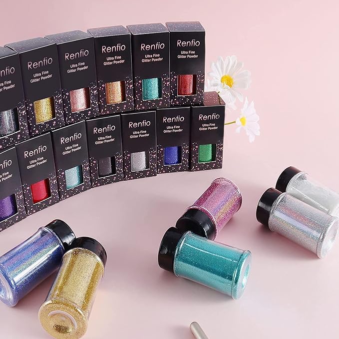 Renfio Holographic Ultra Fine Glitter Powder Metallic Resin Glitter 2.11 Oz (60g) PET Flakes Crafts Sequins 1/128" 0.008" 0.2mm Epoxy Chips Flakes for Tumblers Roses Slime - Laser Light Teal Blue