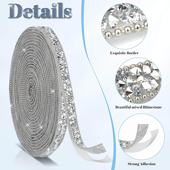 5 Yards Self Adhesive Rhinestone Ribbons, Sliver Rhinestone Strips, Diamond Crystal Rhinestone Ribbon Roll Stickers Glitter Bling Ribbons Rhinestones for Crafts Fabric Car Shoes Décor
