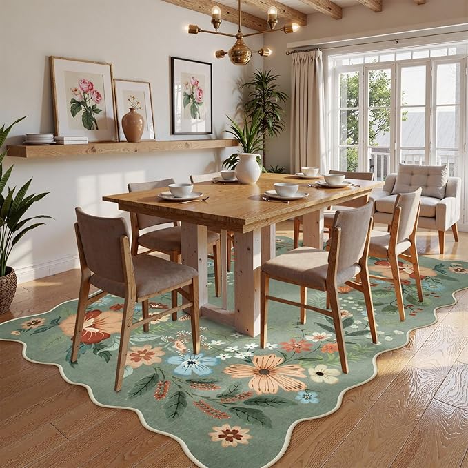 Beeiva Washable Rugs 5x7 - Scalloped Floral Printed Soft Non Slip Green Rug for Bedroom Under Bed Boho Living Room Rugs Ultra-Thin Low Pile Carpet for Playroom Dining Room Dorm(Green,5x7ft)