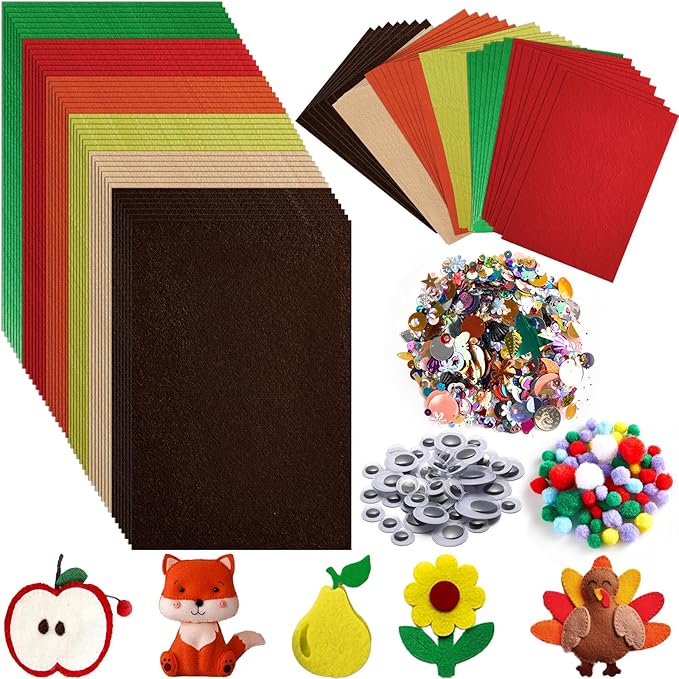 42Pcs Fall Felt Fabric Sheets 8 x 12 Inch Autumn Yellow Orange Assorted Soft Thick Felt Pack with Wiggle Google Eyes Pom Poms Glitter Patchwork for Thanksgiving DlY Sewing Creative Art Project Decor