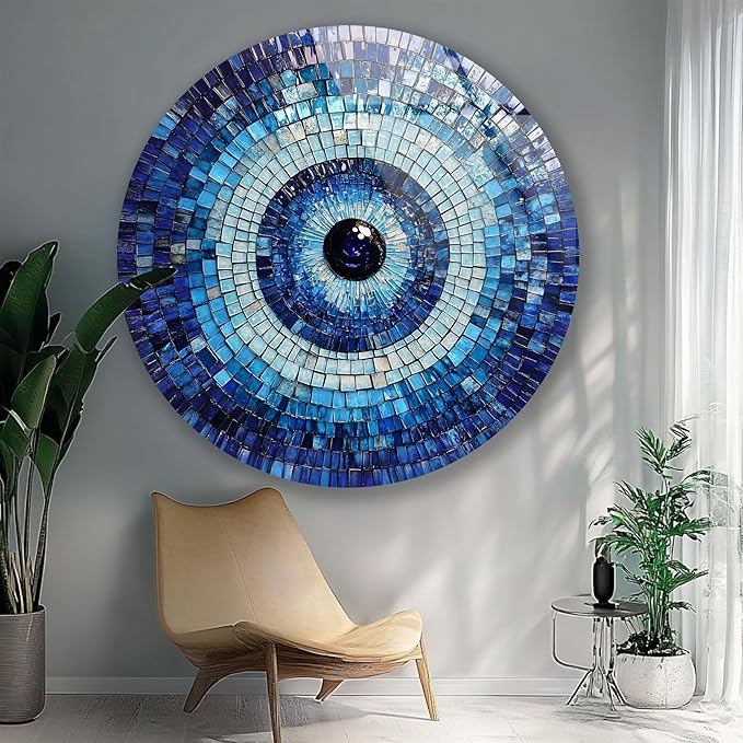 My Photostation.com 39,4''(100cm) Diameter Blue Mosaic Evil Eye Round Glass Wall Art Tempered Glass Printing Wall Decor Large Wall Art Wall Hangings