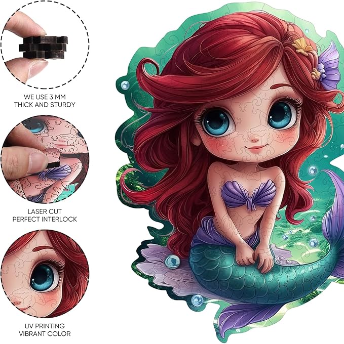 Wooden Puzzles for Adult and Kids, 100 Pieces Ocean Puzzle, Mermaid Unique Shaped Wooden Preschool Puzzle, Toddler Wooden Puzzle Toy Gift for Family and Friends, Suitable for Family Games
