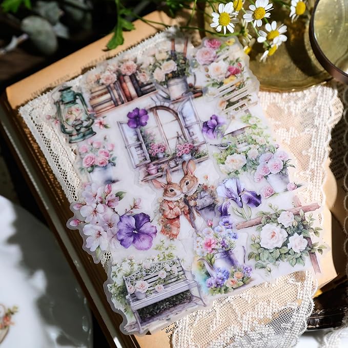 Vintage Vellum Stickers Floral Plants Elements Scrapbooking Supplies Flowers Botanic Natural Translucent Paper Self-Adhesive Junk-Journal Items (Spring Garden)