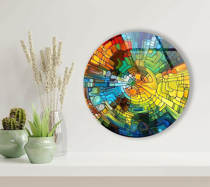My Photostation.com 20''(50cm) Diameter Stained Yellow Round Glass Wall Art Tempered Glass Printing Wall Decor Large Wall Art Wall Hangings