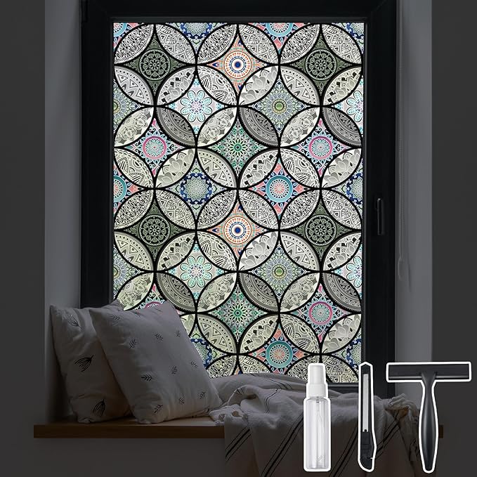 DKTIE Static Cling Decorative Window Film with Installation Tools Non Adhesive Privacy Film Stained Glass Window Film for Bathroom Shower Door Heat Cotrol Anti UV 17.7 x 118.1 Inch