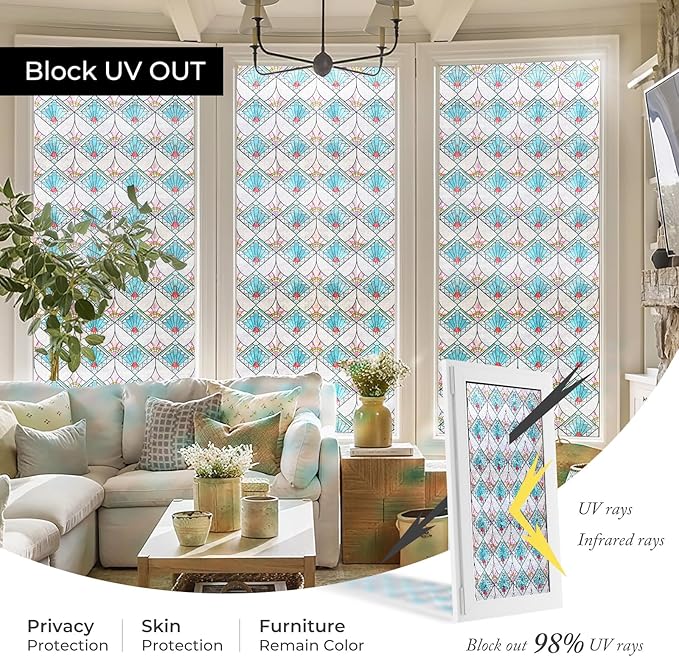 3D Stained Glass Window Film, Decorative Window Privacy Film for Bathroom,Front Door,Home, Sun Blocking Heat Control,Static Cling,23.6inch x 35.4inch Refractive Narrative