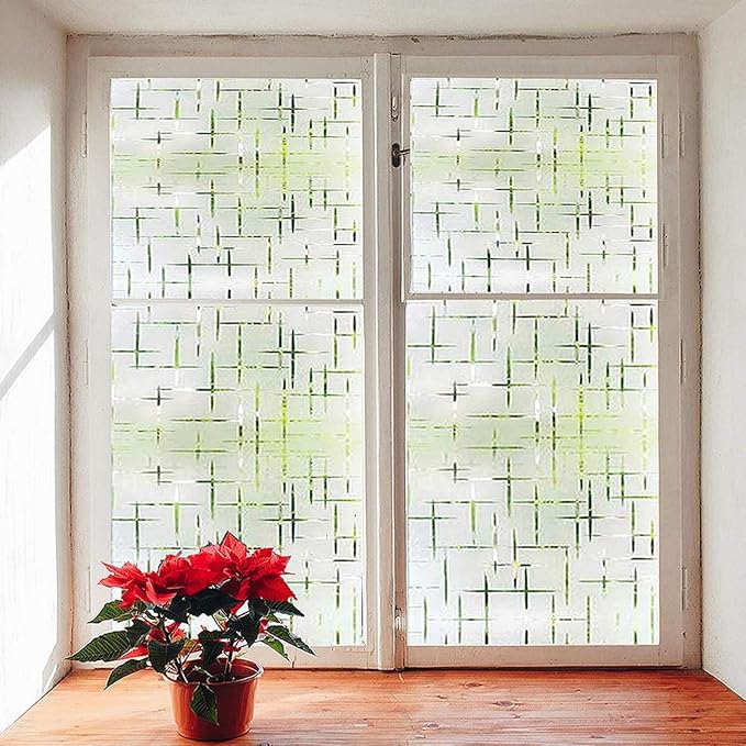 Finnez Frosted Window Film Non-Adhesive, Frosting Privacy Film for Glass Windows, Self Static-Cling Decorative Window Cling for Home Office UV Protection Cross Pattern, 35.4 x 157.4 inches