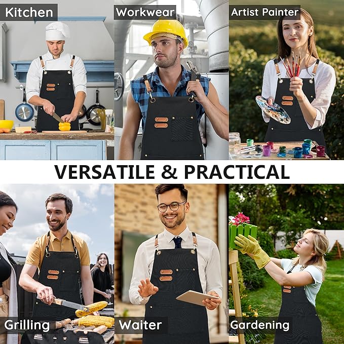 Canvas Aprons, Kitchen Chef Aprons, Work Aprons for Men Women, Adjustable Strap Aprons with 3 Pockets