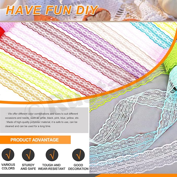 15 Rolls 1-3/4" x 11 Yards Colorful Lace Ribbon Floral Lace Ribbon Trim Sewing Crafting Lace Ribbon for Gift Wrapping DIY Scrapbooking Party Decoration Crafts (4.5cm x 10m)