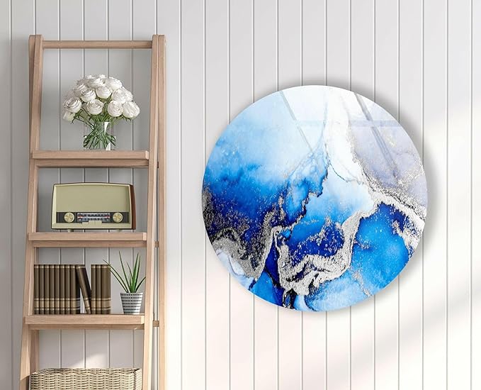 My Photostation.com 39,4''(100cm) Diameter Blue Marble Round with Silver Details Glass Wall Art Tempered Glass Printing Wall Decor Large Wall Art Wall Hangings