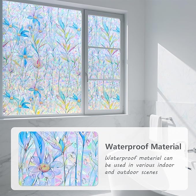 FINNEZ Window Privacy Film Stain Glass Film Flowers Rainbow Window Film Window Clings Non-Adhesive Reusable Decorative for Home（Blue Lotus，23.6 Inch x 6.5 Feet）