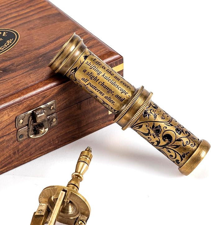 Antique Brass Kaleidoscope Gift for Kids and Adults, Vintage Collection for Birthday, Unique Gift Idea and Decor (with Stand, One)