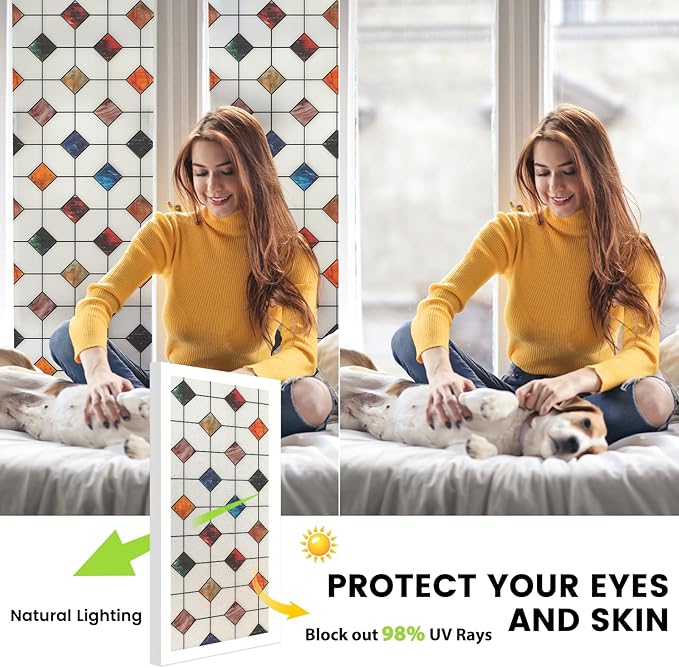 DKTIE Stained Glass Window Film Geometric Patterns, Fine Frosted Window Clings for Glass Windows, Waterproof for Bathroom Window Privacy Film Day and Night (S533, 17.7in X 78.7in)