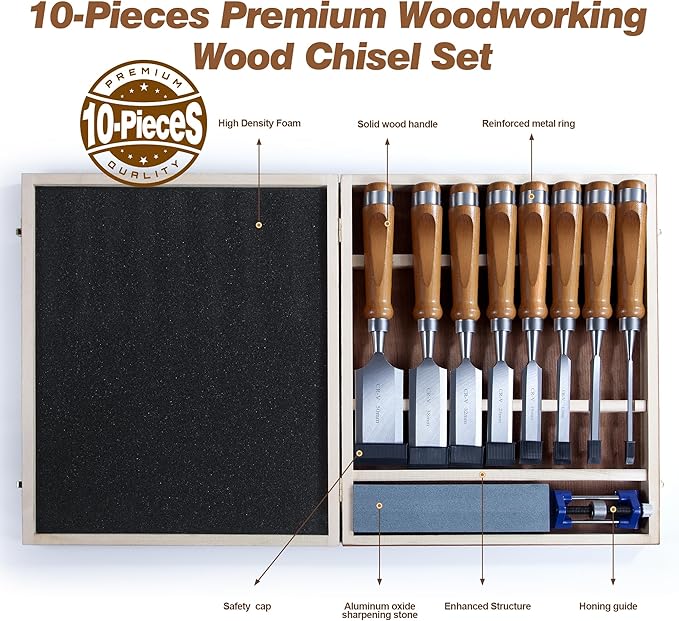 10 Pieces Wood Chisel Set, 1/4"~2" Woodworking Chisel Kit with Sharp CR-V 60 Steel Blades, Wooden Box, Honing Guide, Sharpening Stone for Carpenter Craftsman Woodworker