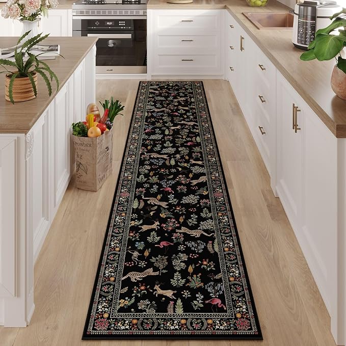 Rugcomf Runners for Kitchen Runner Rug Non Slip 2'x10' Long Washable Rugs with Rubber Backing Soft Floral Animal Carpet Runner for Kitchen, Laundry, Bedroom, Bathroom (Black)
