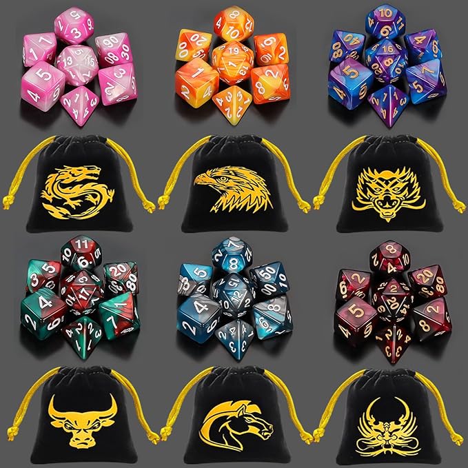 QMay DND Dice Sets - 6 X 7 Polyhedral Dice (42pcs) with 6 Drawstring Bags for Dungeons and Dragons, RPG, MTG,Role Playing Table Game