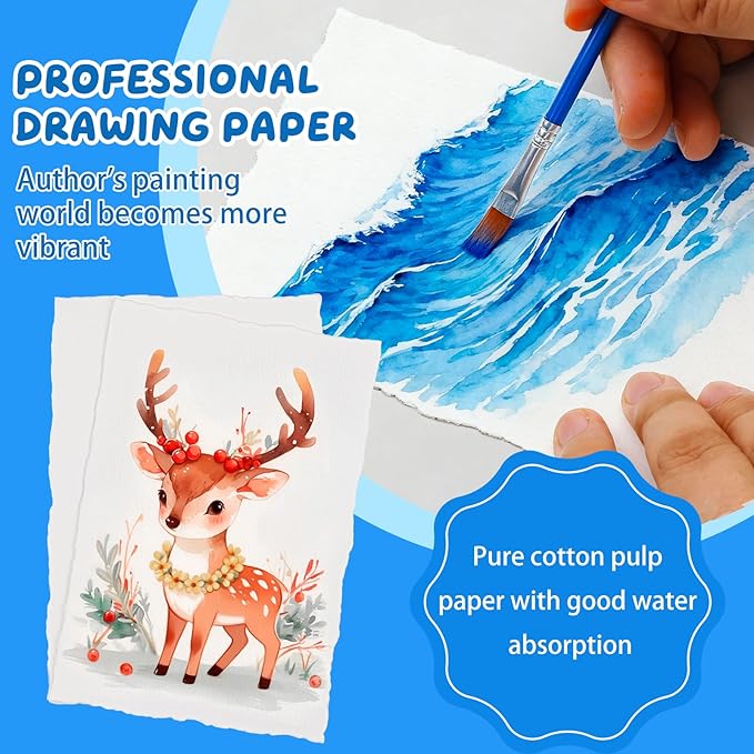 Lunarm Watercolor Paper 25 Sheets, Deckled Edge Paper 300 GSM 4 x 6 inch, Handmade Textured Cotton Paper for Wedding Invitation, Oil Pastel, Watercolor Painting and Cards, Crafts