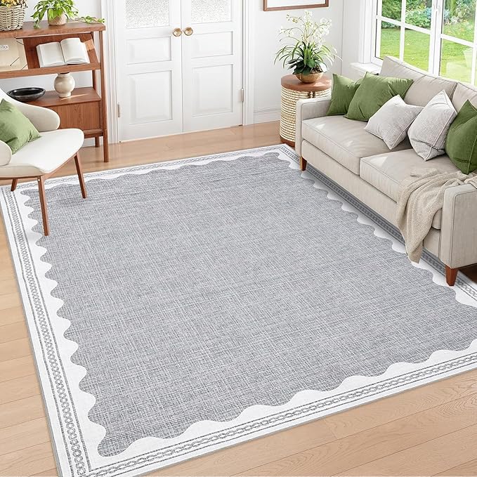 Scalloped Washable Rug 8x10 Area Rugs for Living Room, Solid Grey Rug for Bedroom Girls, Non Slip Throw Carpet with Rubber Back, Soft Dorm Nursery Scalloped 8x10 Rugs for Dining Room