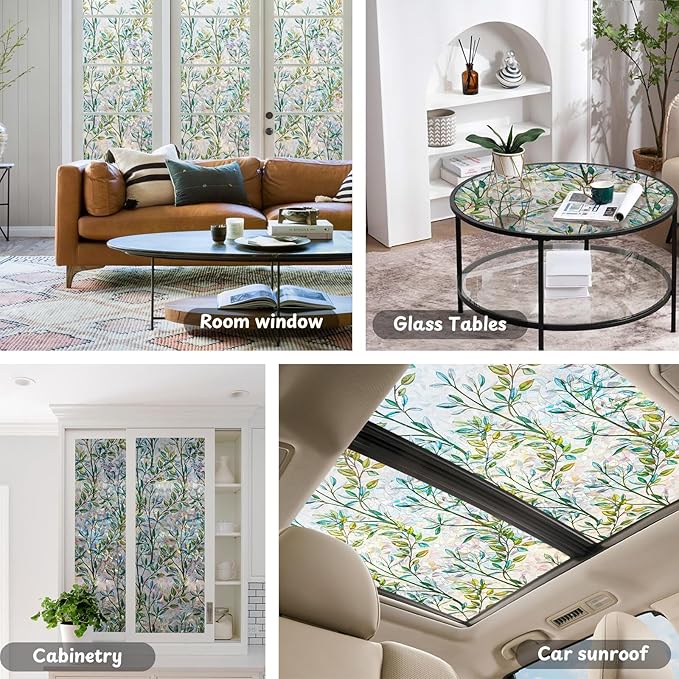 NINETREX Window Privacy Film Stained Glass Window Film 3D Decorative Cling,Sun Blocking Static Cling Removable Film for Glass Door,Home Decor Window Cover Non-Adhesive 17.5 x 157.4 inches,Leaf