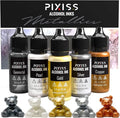 Metallic Alcohol Ink Set - Gold, Silver, Gunmetal, Copper, Pearl with Extreme Shimmer - Large 0.5 Ounce Inks