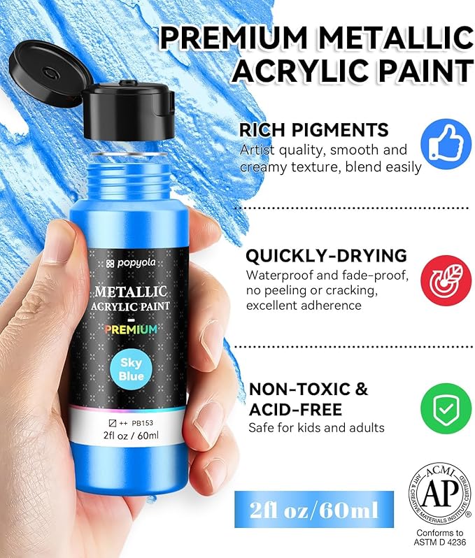 40 PCS Metallic Acrylic Paint Set with 12 Brushes, 2 Knives & Palette, 24 Colors (2oz/60ml) Art Craft Paint for Adults Kids Artists Beginners, Halloween Pumpkin Canvas Ceramic Rock Painting Kit