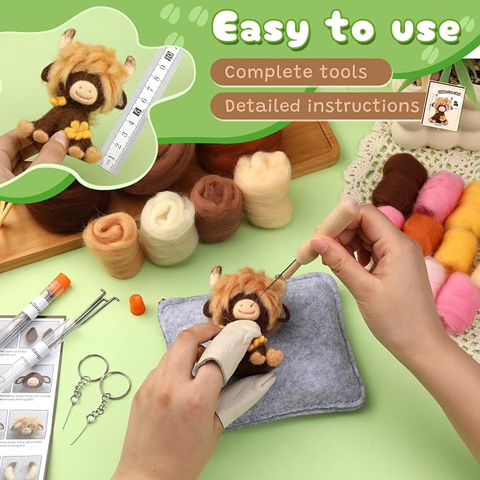 Yizzvb Needle Felting Kit, Highland Cow Needle Felt Beginner Kits with Instruction, Wool, Felting Needles, Felting Pad, Wool Felting Kit for Beginners Home Decoration