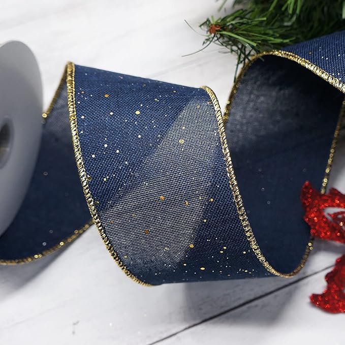 CT CRAFT LLC Blue Burlap Fabric Confetti Glitter Wired Ribbon 2.5" x 10 Yards Navy Color for Christmas Home Wedding Decor Gift Wrapping Tree Topper Bow Wreath Bouquet DIY Crafts