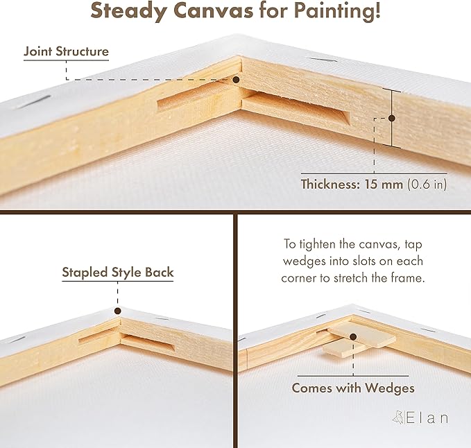 Elan Stretched Canvases 9x12 Inch, 6-Pack Blank Canvases for Painting 8 oz, Triple Primed Stretched Canvas for Painting, 9x12 Canvas Bulk