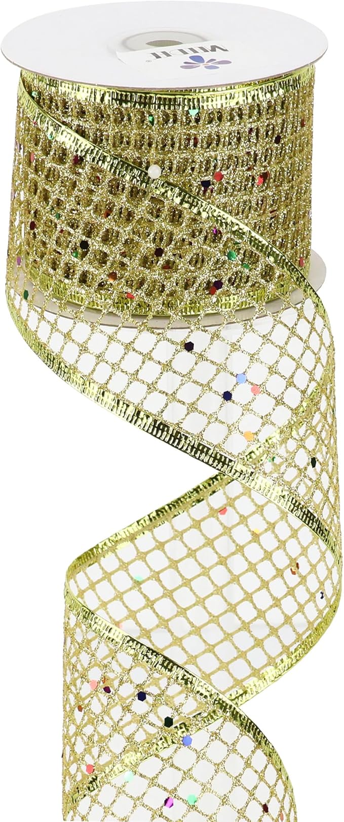 MEEDEE Gold Glitter Ribbon Gold Christmas Ribbon 2.5 Inch Square Mesh Net Wired Ribbon with Rainbow Sparkle Gold Wired Ribbon Gold Ribbon for Christmas Tree Decoration, Wreath Bow Making (10 Yards)