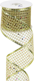 MEEDEE Gold Glitter Ribbon Gold Christmas Ribbon 2.5 Inch Square Mesh Net Wired Ribbon with Rainbow Sparkle Gold Wired Ribbon Gold Ribbon for Christmas Tree Decoration, Wreath Bow Making (10 Yards)