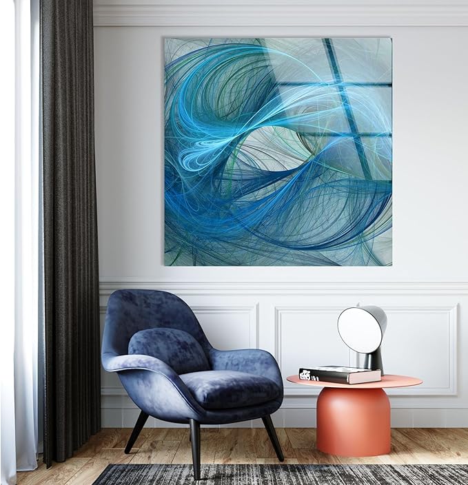 My Photostation.com 48Wx32H'' Blue Energy Abstract Wall Art – Fluid Motion Glass PrintTempered Glass Printing Wall Decor Large Wall Art Wall Hangings
