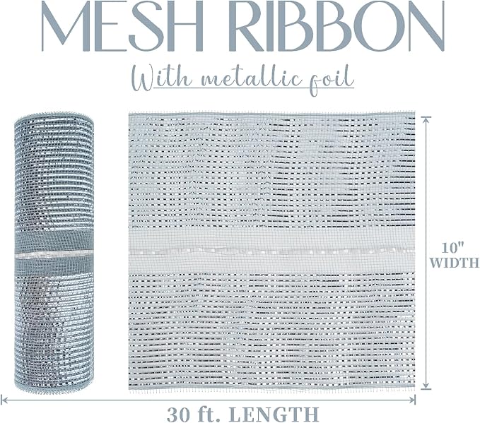 MEEDEE Silver Deco Mesh 10 Inch Deluxe Wide Foil Metallic Pull Up Decorative Ribbon for Christmas Tree, Wreaths, Garland, Gift Wrapping, Bows Making (30 Feet)