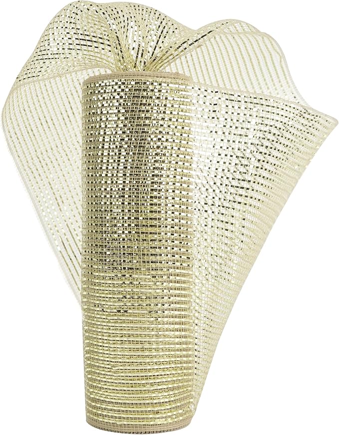 MEEDEE Champagne Deco Mesh 10 Inch Deluxe Wide Foil Metallic Mesh Premium Decorative Mesh Champagne Gold Mesh Ribbon for Christmas Tree, Wreaths, Garland, Gift Wrapping, Bows Making (30 Feet)