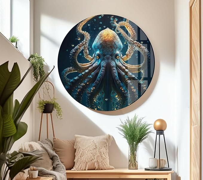 My Photostation.com Round 24'' Underwater Blue Octopus Glass Wall Art Tempered Glass Printing Wall Decor Large Wall Art Wall Hangings