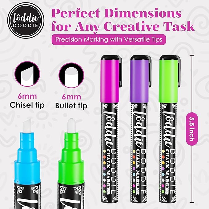 Loddie Doddie Chalk Markers - 24-Pack, 6mm Reversible Tips - Colored Chalk Pens for Art & Decor - Window Markers for Glass & Metal - Dry Erase Pens for Mirrors & More