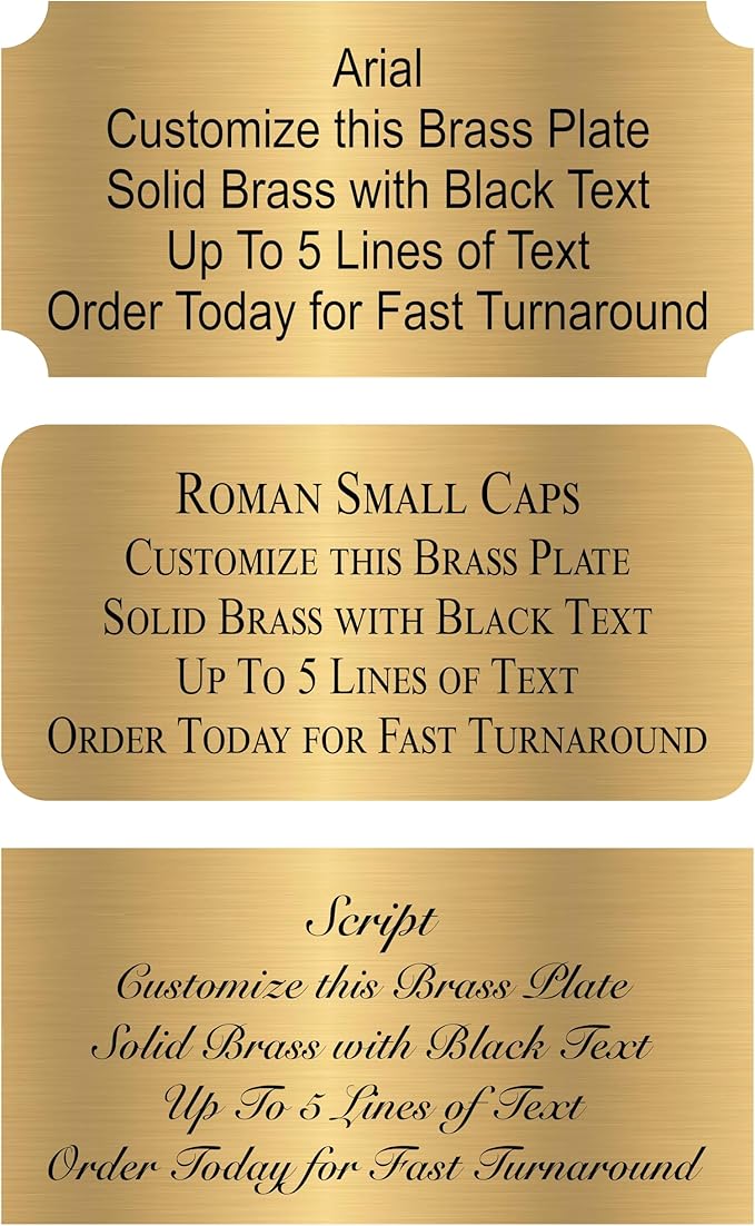Personalized, Custom Brushed Gold Solid Brass Plate - Sizes 1x3, 1x4, 2x4, 2x6, 2x8, 3x6 - Picture Frame Name Label Art Tag for Frames, with Adhesive Backing - Indoor use only - 10 Tags