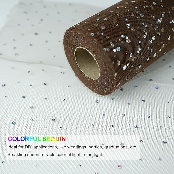 Glitter Tulle Rolls, 6' by 50 Yards (150FT) Sequin Tulle Netting Fabric for Tutu Skirts Sewing Birthday Wedding Party Decoration (Brown)