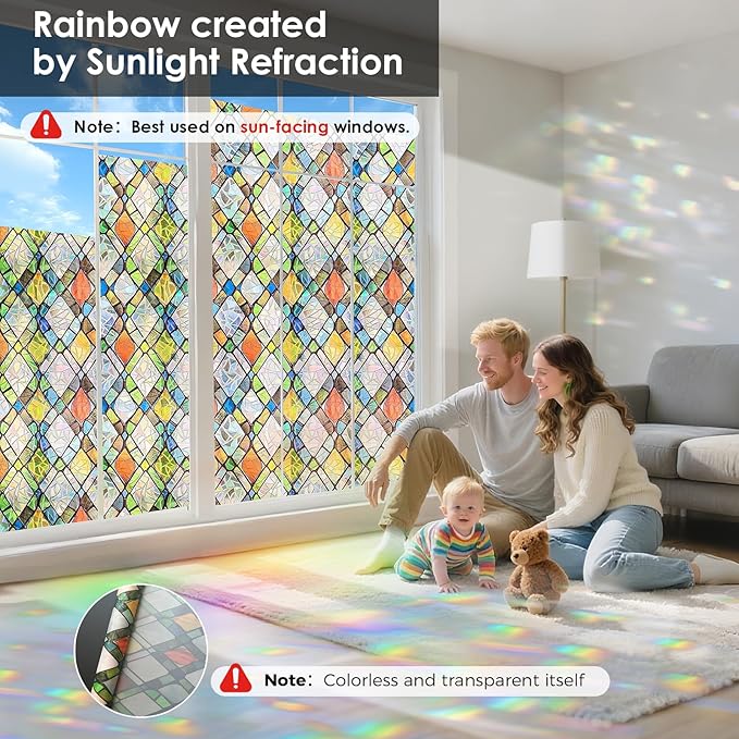 Window Privacy Film Rainbow Film Stained Glass 3D Static Cling Decorative Window Sticker for Bathroom,Front Door,Home Heat Control UV Blocking Non Adhesive,Diamond Grid 35.4 x 78.7inches