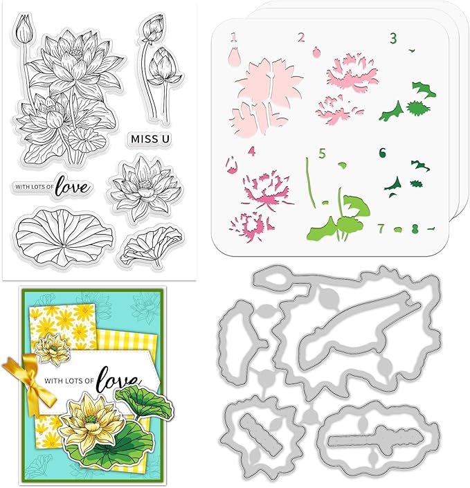 ORIGACH Lotus Layering Stencil Stamp and Die Set for Card Making, Flower Stencil Template Silicone Clear Stamps and Metal Die Sets for DIY Scrapbooking Photo Album Crafting