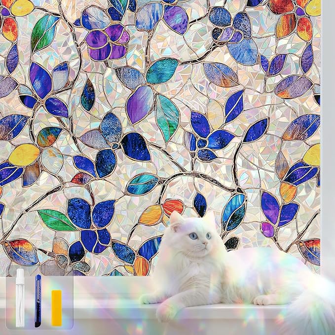 Window Privacy Film Stain Glass Window Film Rainbow Window Film Window clings Non-Adhesive Reusable Decorative for Room (Purple Rainbow, 35.4 X 157.4 in)