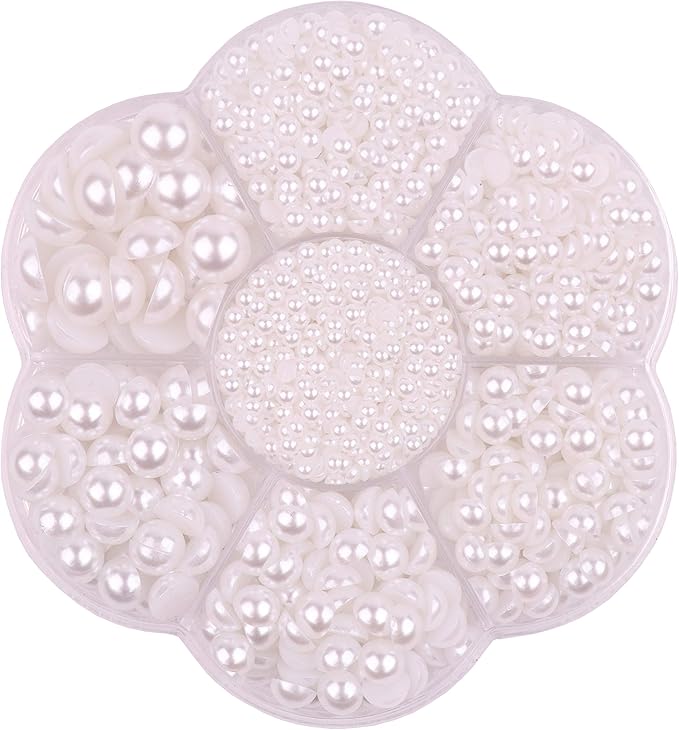 YAKA 3000PCS 1 Box 7Sizes 2.5/3/4/5/6/8/10mm Flat Back Half Round Pearl Cabochon Bead Loose Beads Gem for Nail Craft Scrapbook DIY Decoration (White)