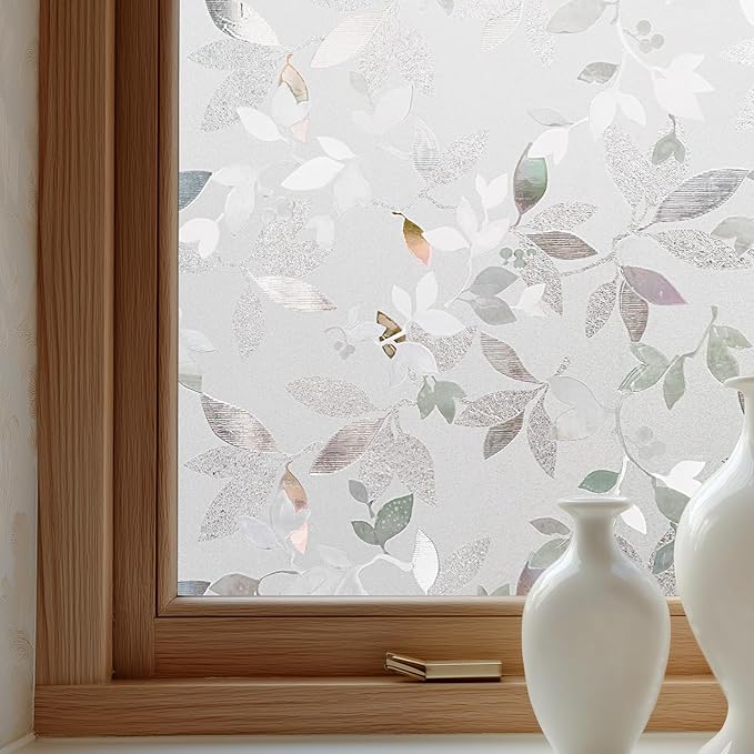 Window Privacy Film Decorative for Front Door, Bathroom Static Cling Stained Glass Sticker Opaque Heat Control UV Blocking Non-Adhesive for Home Windows, Magnolia