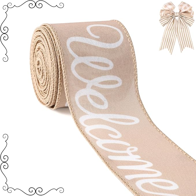 Burlap Ribbon Wired, Farmhouse Rustic Welcome Ribbon for Gifts Wrapping DIY Crafts Floral Bows Wreath Making Party Supplies Holiday Home Decoration, 2.5 Inch x 10 Yards
