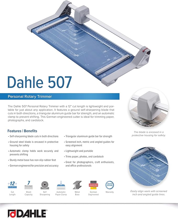 Dahle 507 Personal Rotary Trimmer, 12" Cut Length, 7 Sheet Capacity, Self-Sharpening, Automatic Clamp, German Engineered Paper Cutter