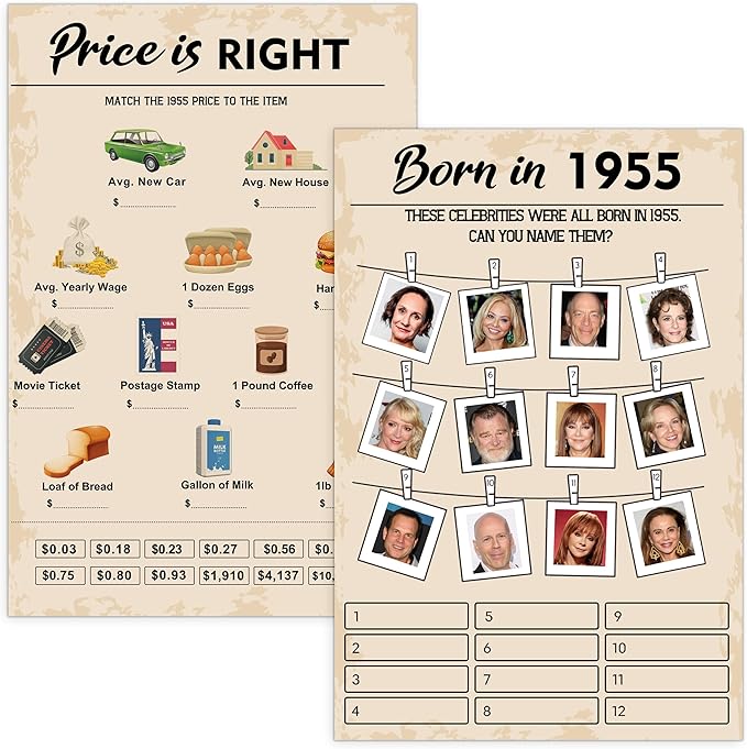 70th Birthday Party Games, Set of 2 Activities for 15 Guests, Born in 1955 Games Bundle, Birthday Party Supplies for Adults, Pack of 30 Cards