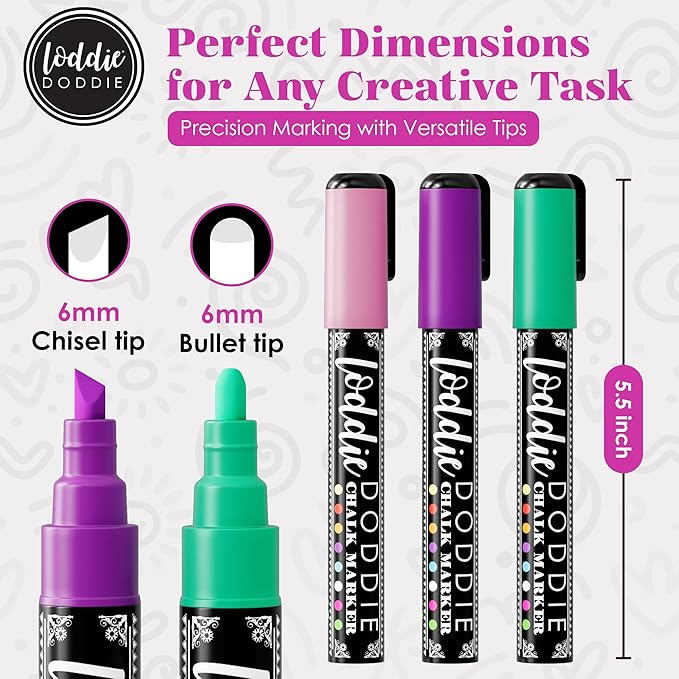 Loddie Doddie Chalk Markers - Pack of 16, 6mm Bullet & Chisel Tips Chalk Pens - Dust-Free Erasable Ink & Dry Erase Markers - Vibrant Pastel & Neon Colors - Pastel Art Pens - Fine & Bold Lines