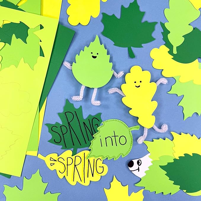 120 Pieces Spring Leaf Paper Cutouts with IDEA Guide, 2-Sided US Made Card Stock Punch Out Maple, Oak, and Birch Leaves for Bulletin Boards, Classroom Decor, Spring Crafts, DIY Scrapbook, and Posters