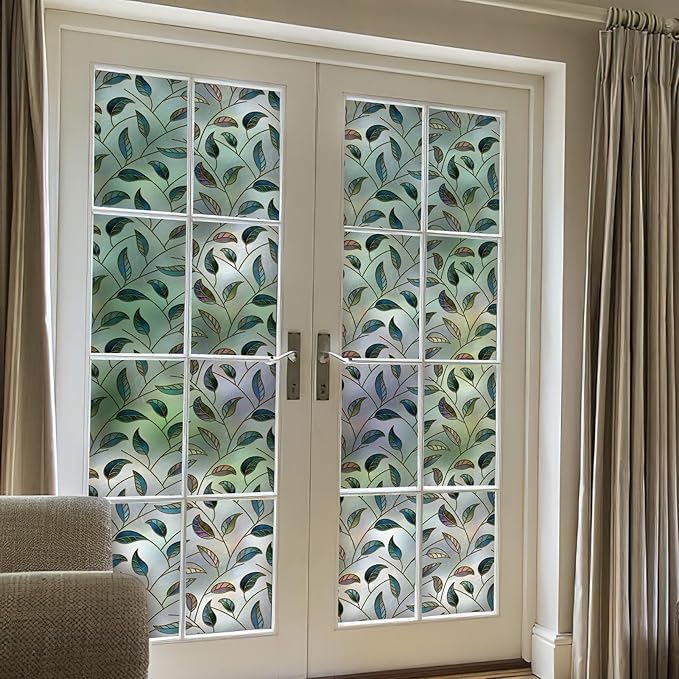 DKTIE Static Cling Decorative Window Film Vinyl Non Adhesive Privacy Film with Installation Kit, Multilayer UV Inkjet Technology, 3D Thickened Stained Film, Vintage Leaf Pattern, 17.7 x 78.7 Inches